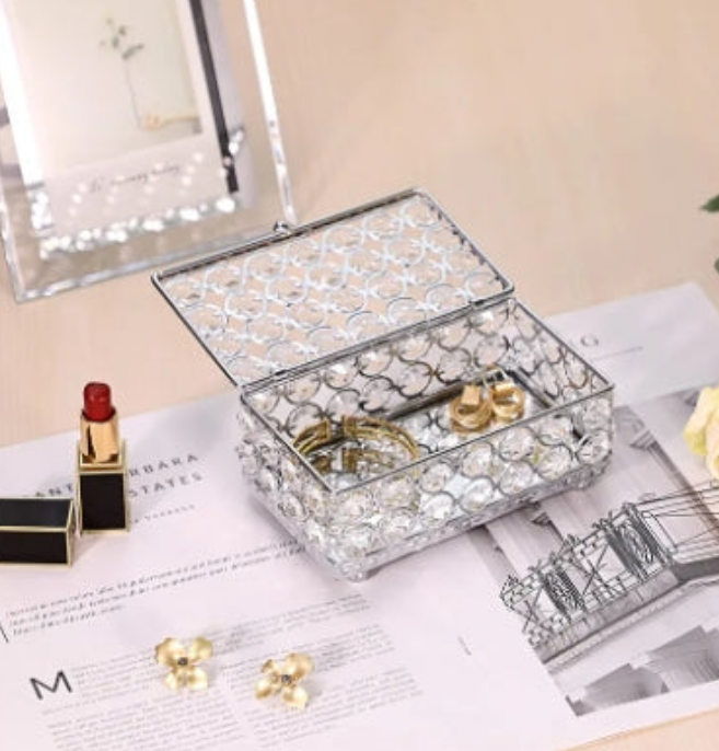 Crystal Jewelry Box Rectangle Trinket Organizer Earrings Rings Box Treasure Box Home Decor Accent Decorative Box with Lid for Valentine Wedding Christmas Birthday Gift, Small