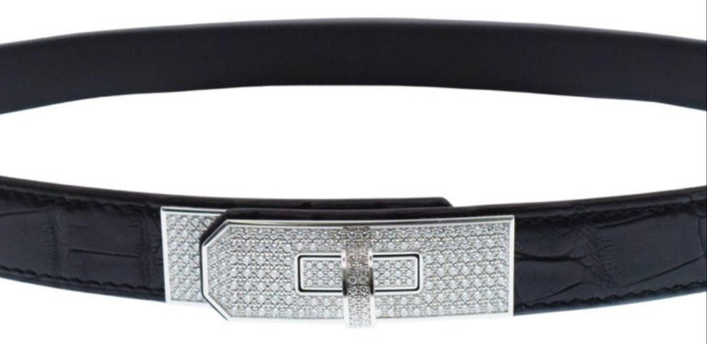 Hermes "KELLY" Diamond Buckle Crocodile belt 18k white gold and diamond
