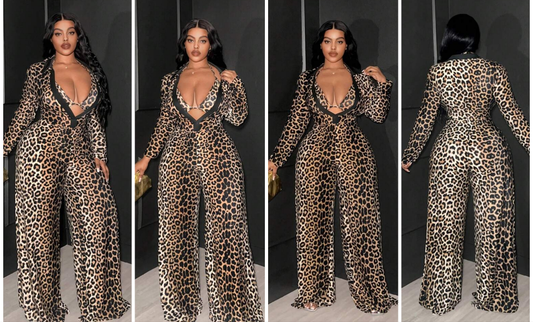 Plus Size Sexy Leopard Print Knit Long Sleeve 2 Pieces Set COCOMONEY