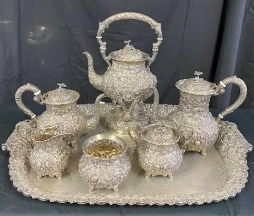 Sterling Silver Repousse Tea Service 7 Piece Set w/Tray A.G. Schultz