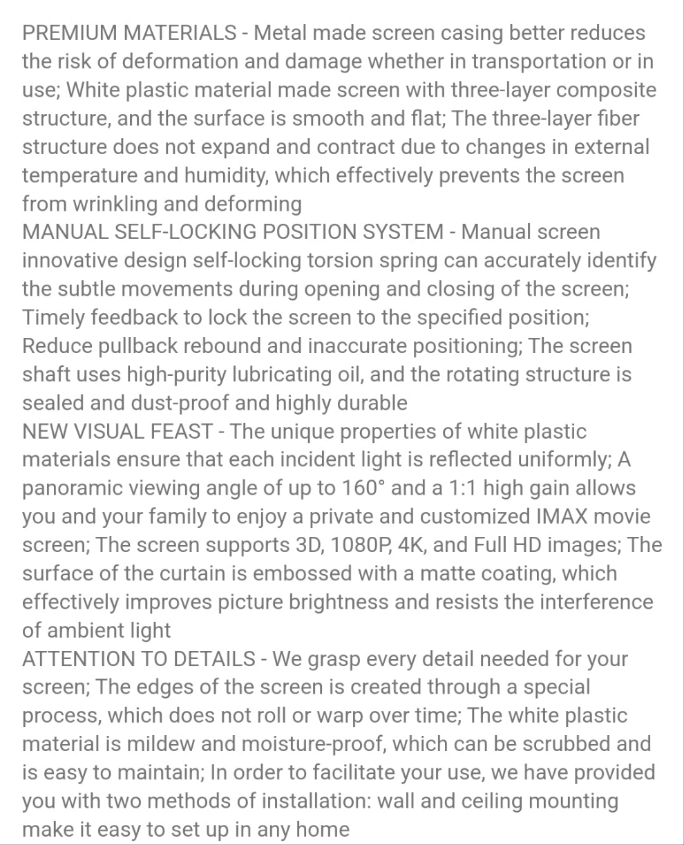 VIVOHOME 120 Inch Manual Pull Down Projector Screen | 1:1 HD Retractable Widescreen | For Movie Home Theater Cinema Office Video Game