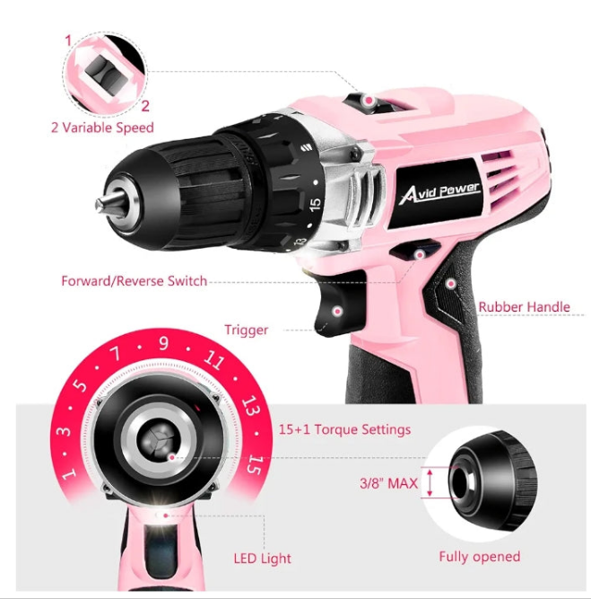 AVID POWER Cordless Drill Pink, 12V Power Drill Set with 22pcs Impact Driver/Drill Bits, 2 Variable Speed, 3/8'' Keyless Chuck, 15+1 Torque Setting (Pink)