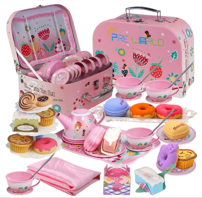 Tea Party Set for Little Girls,PRE-WORLD Princess Tea Time Toy Including Dessert,Cookies,Doughnut,Teapot Tray Cake, Tablecloth & Carrying Case,Kids Kitchen Pretend Play for Girls Boys Age 3+