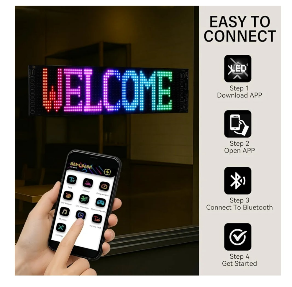 24''x5'' Programmable LED Sign with Bluetooth Control, Flexible Scrolling LED Signs for Business, Custom Text & Adjustable Brightness & IP65 Waterproof, USB 5V Digital Sign for Car Store Bar Hotel