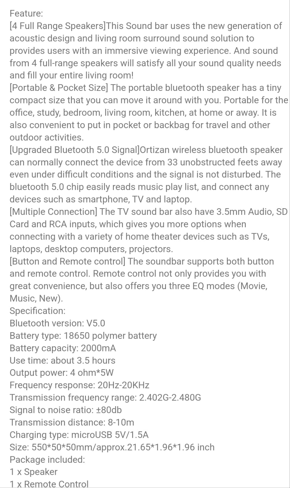 Dazone Surround Sound Bar 4 Speakers System Wireless BT Subwoofer TV Home Theater With Remote Control AUX