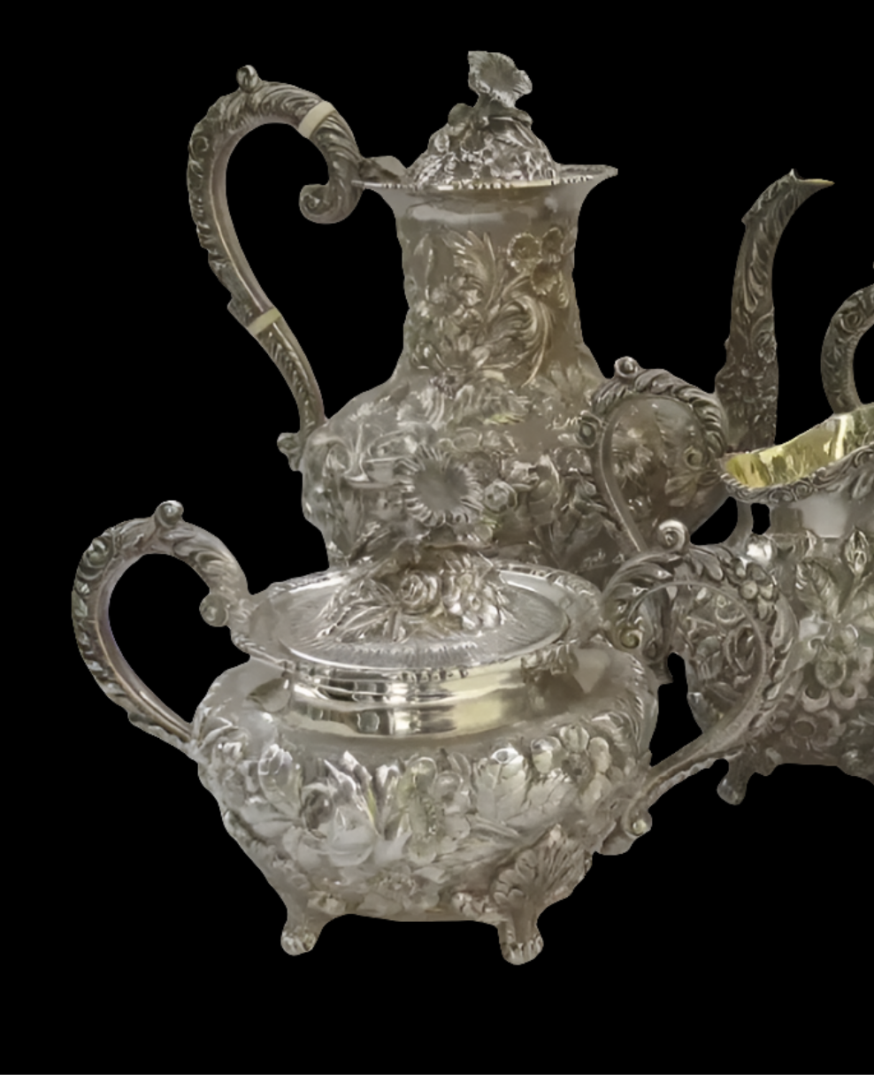 Sterling Silver Tea Coffee Set Repousse Baltimore Rose by Schofield 5 Piece