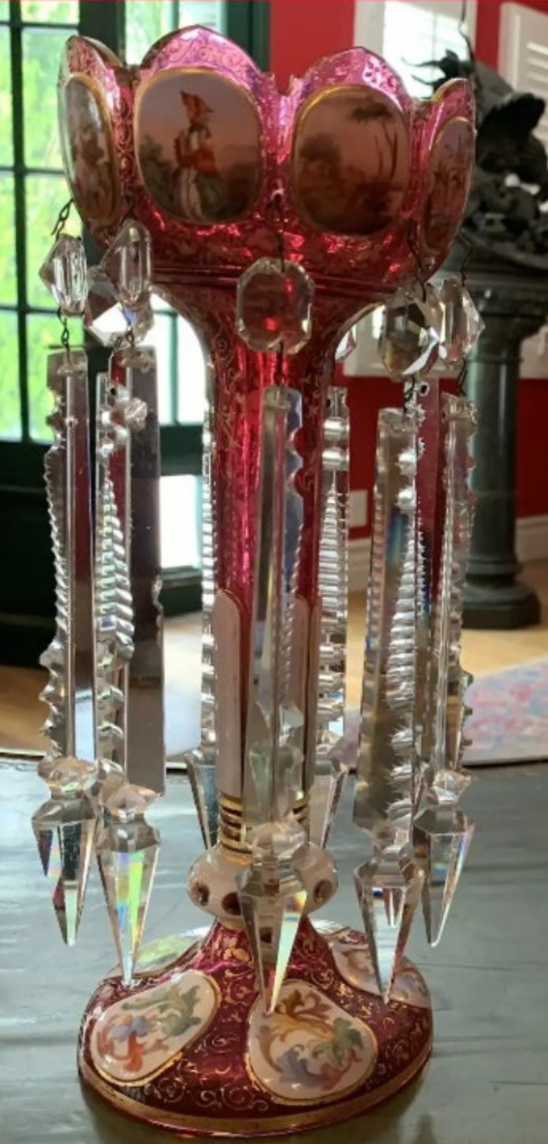 Pair of antique Moser Bohemian cranberry overlay hand painted lusters, circa 1900s cranberry glass