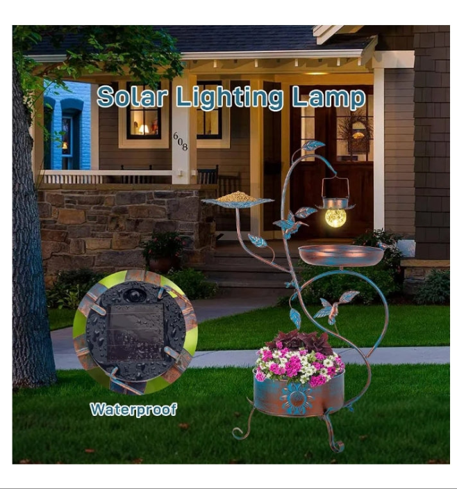 Metal Bird Bath for Outside, Birdbaths Outdoors with Planter and Feeder, Garden Blue Bird Baths with Solar Lights