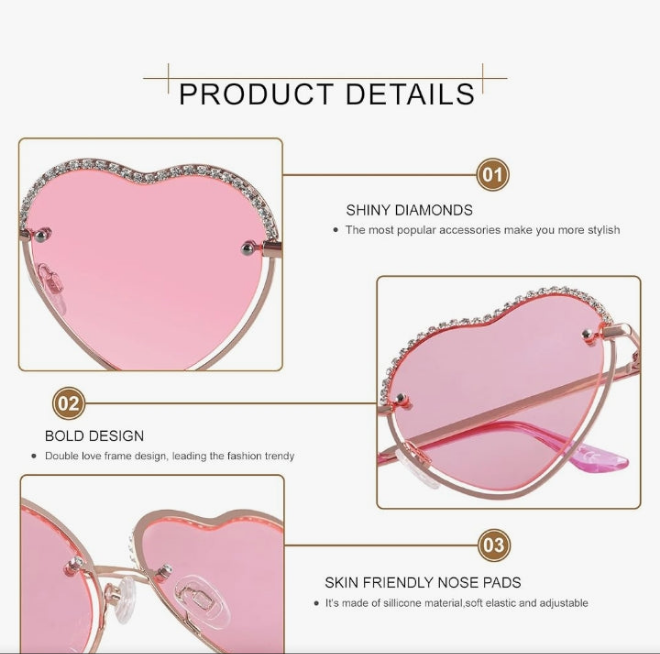 Trendy Heart Shaped Sunglasses Womens Rhinestone Love Eye Sun glasses Metal Lovely Fashion Diamond Sunnies