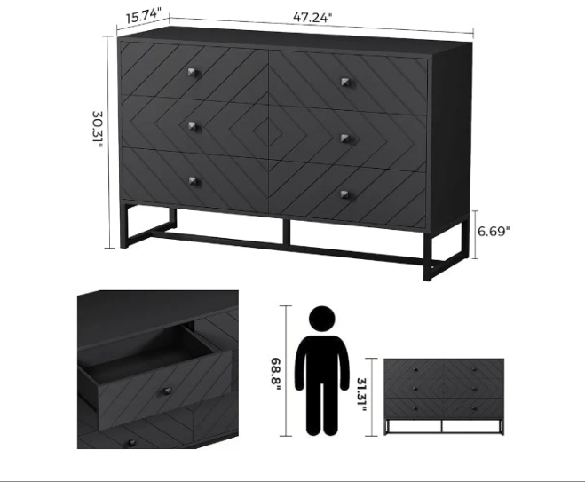 Black Dresser for Bedroom with 6 Drawers, Wood Dresser with Metal Handles, Wide Chest of Drawers, 6 Drawer Dresser for Living Room, Entryway, Hallway