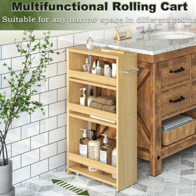 4-Tier Rolling Storage Cart, Narrow Kitchen Cart with Wheels, Slim Storage Cart with Handle Slide Out Utility Cart Mobile Shelving Unit Laundry Bathroom Organizer