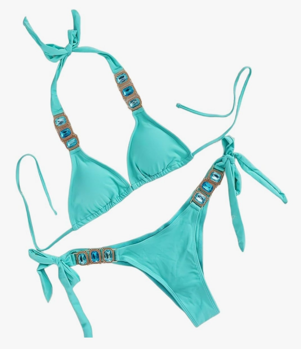 Women's Two Piece Swimsuit Rhinestone Bikini Set Halter Triangle Bathing Suit Cocomoney