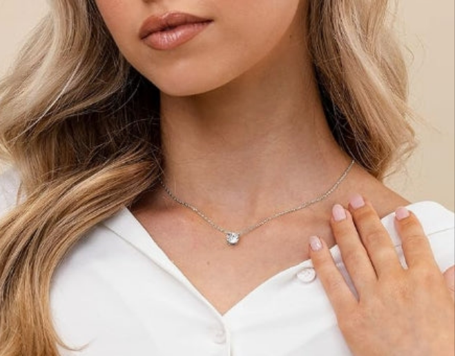 14K Gold Plated Crystal Solitaire 1.5 Carat (7.3mm) Cubic Zirconia Dainty Choker Necklace | Gold Necklaces for