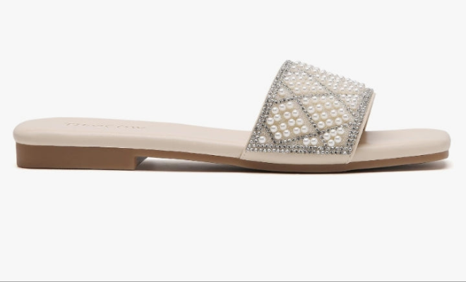 Women Rhinestone Sandals Pearl Decor Slip on Bling Sandals Daily Casual Beach Summer Flat Shoes