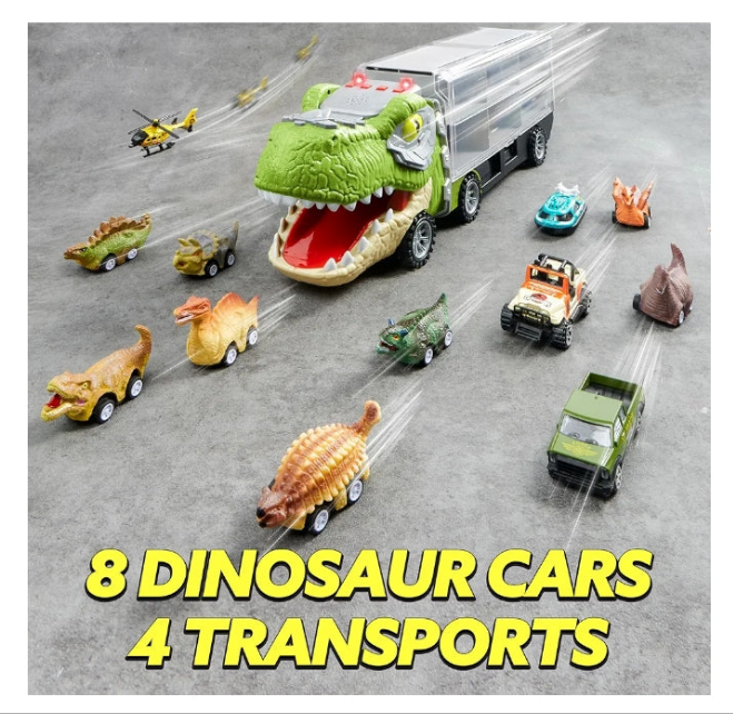 Big Dinosaur Transport Carrier Truck with Mini Dinosaur Car Set
13 in 1 DINOSAUR TRUCK: Our unique designed tyrannosaurus transport truck includes 1 big dinosaur carrier truck with sound button, lights,8 mini dinosaur pull back cars,3 mini Die-cast dinosa