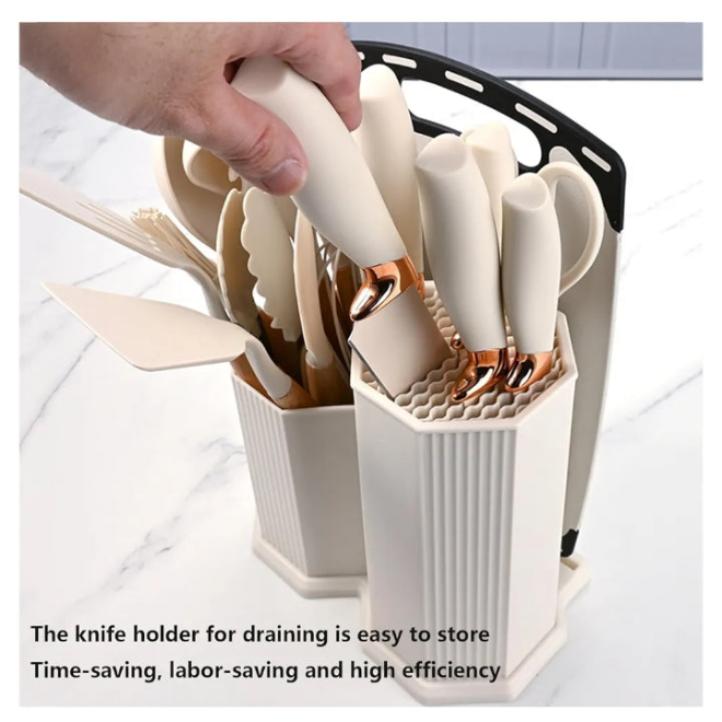 Nice 19 Piece Kitchenware Utensils and Knife Set Includes: 9 Piece Silicone Cooking Utensils- 5 Piece Sharp Stainless Steel Chef Knives- Scissors- Whisk Tongs and Cutting Board,
