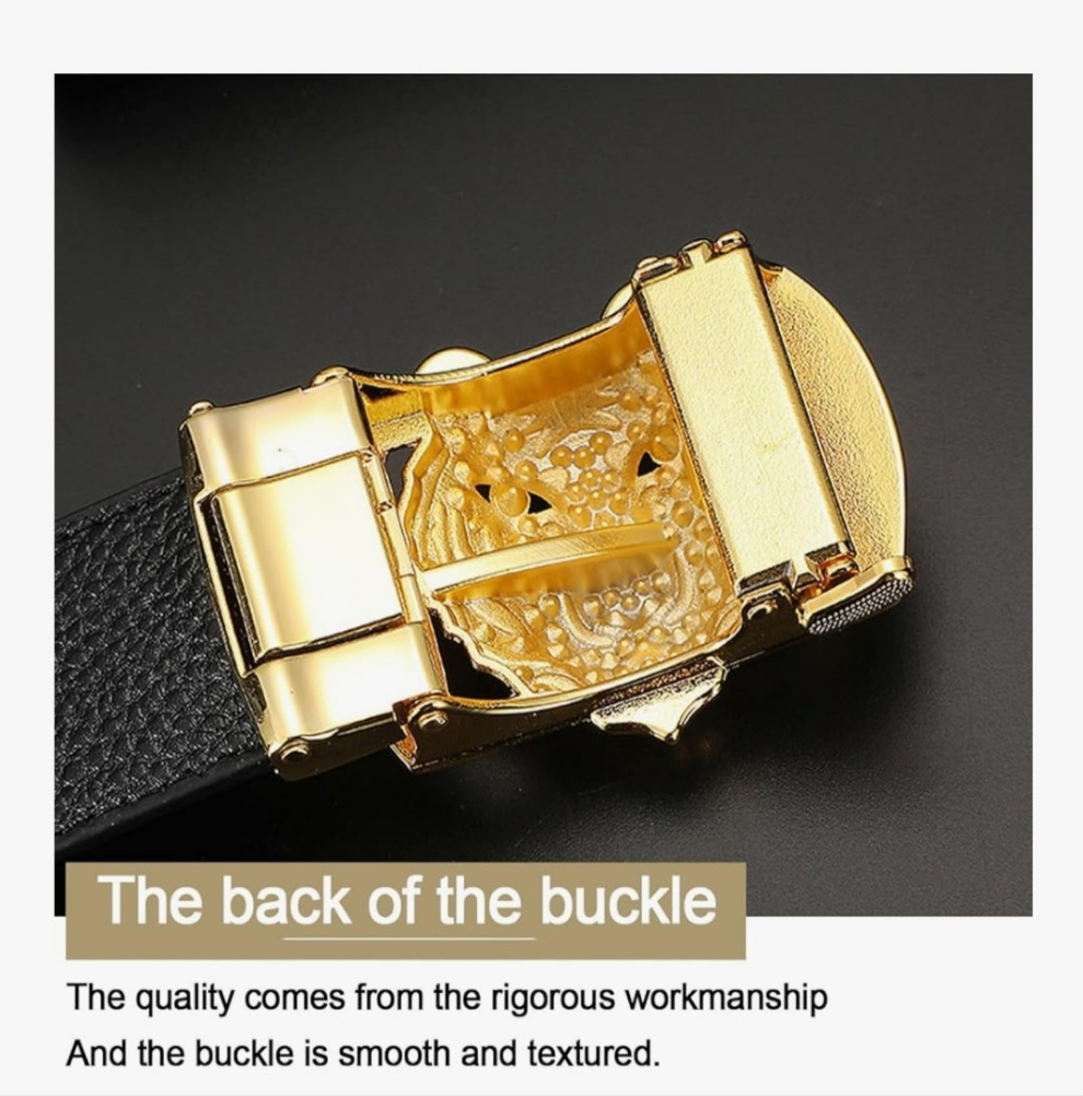 Luxury Men's Belts Gold Tiger Head Automatic Buckle Alloy, PU Leather Men Waist Strap, Slide Easier Adjustable Belt, Cut To Fit, Men Dress Casual Ratchet Belt (49in)