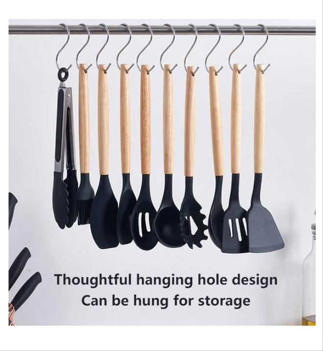 Luxury 19 Pieces Silicone Cooking Utensils Set Heat Resistant with Holder Wooden Handle Silicone Kitchenware Set with Knife Tool Spatula Kitchen Gadgets Utensil Set BPA Free,