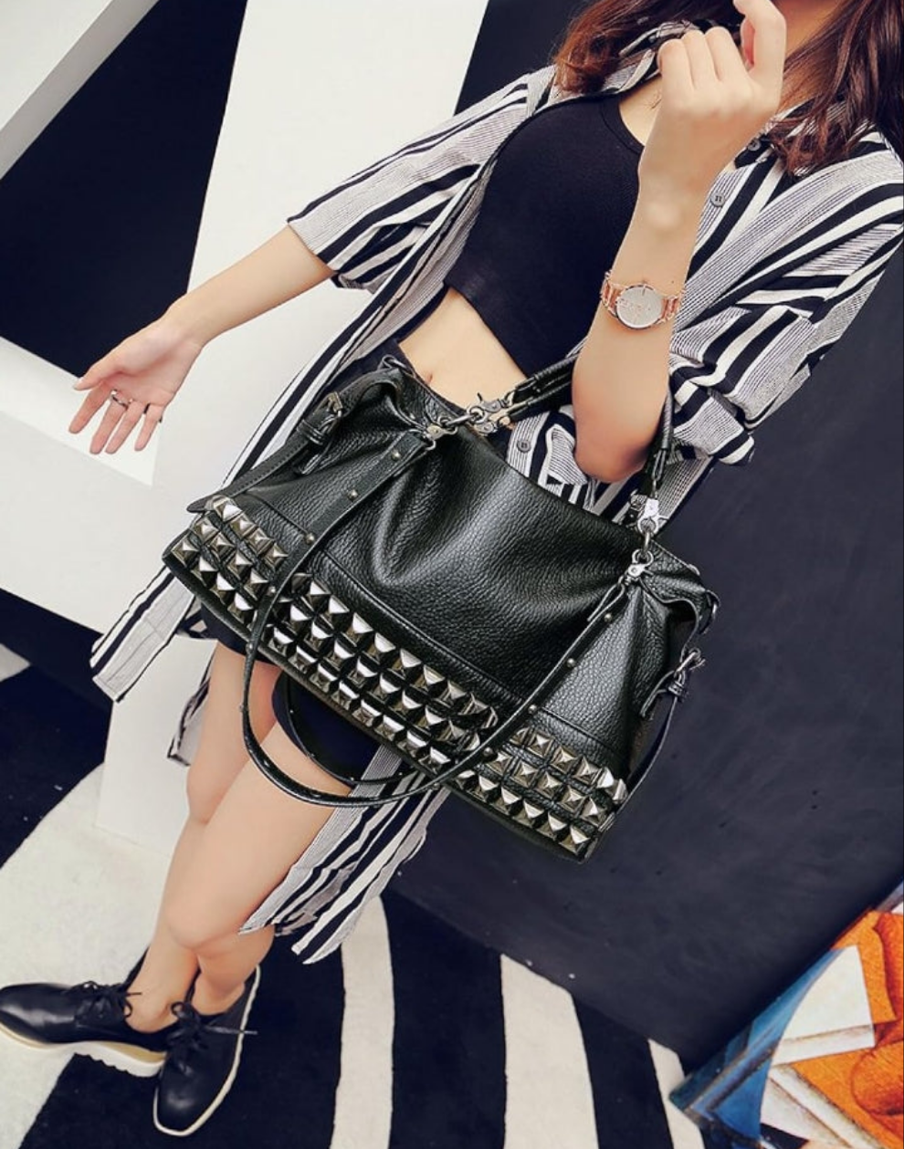 Pu Leather Cross Body Silvery Rivet Studded Shoulder Nightclub Hobo Handbag for Lady