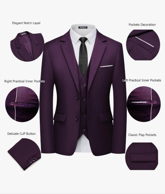 Men's 3 Piece Slim Fit Suit Set Two Button Blazer Jacket Vest Pants Tuxedo Set for Party, Wedding and Business