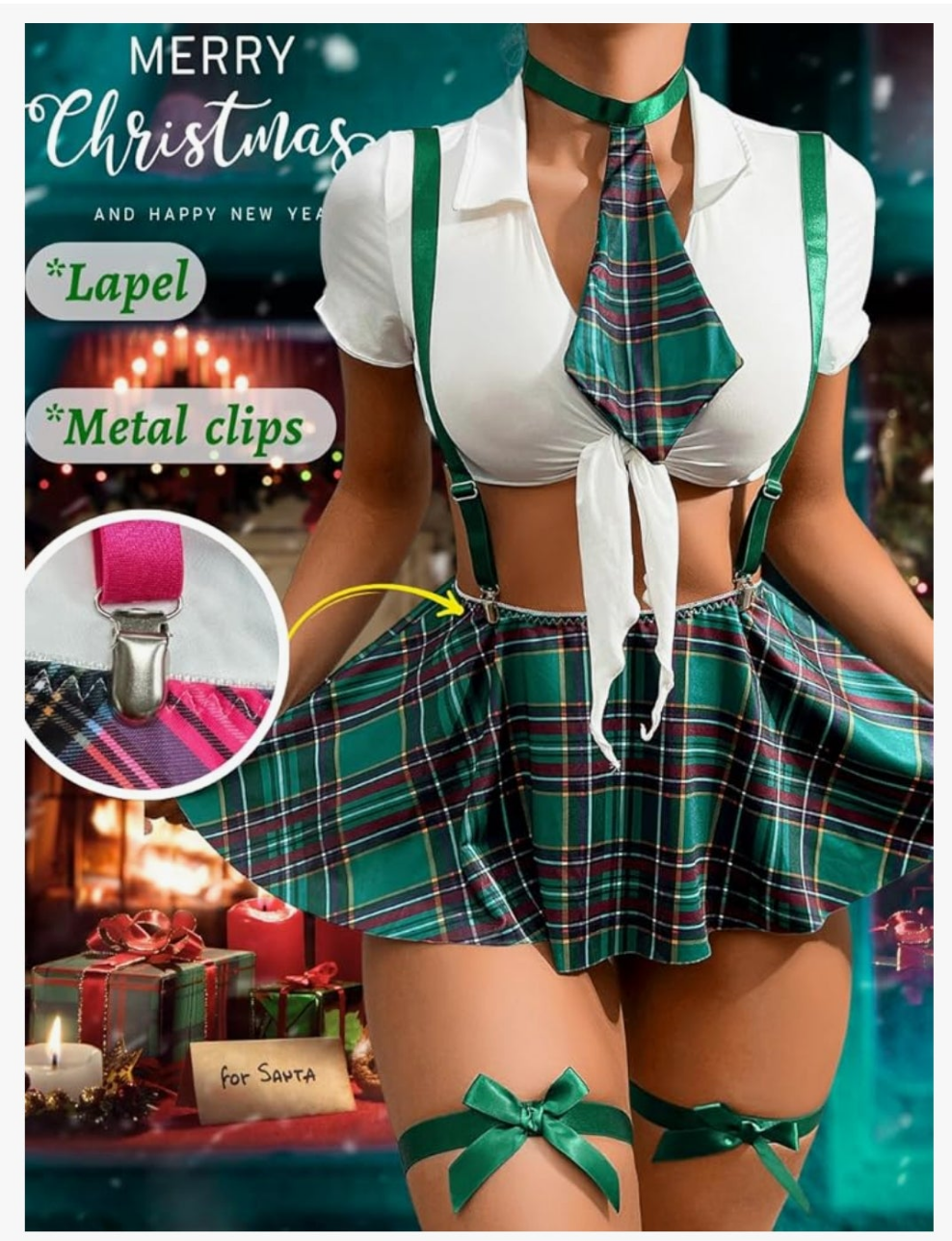 5 Piece Cosplay Costumes For Women,Halloween Lingerie Outfits,Tie Crop Top & Plaid Skirt Set