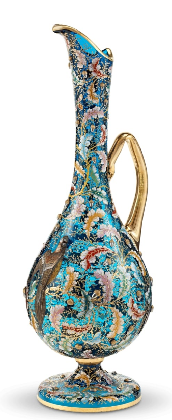 Moser Blue Glass and Enamel Parrot Ewer