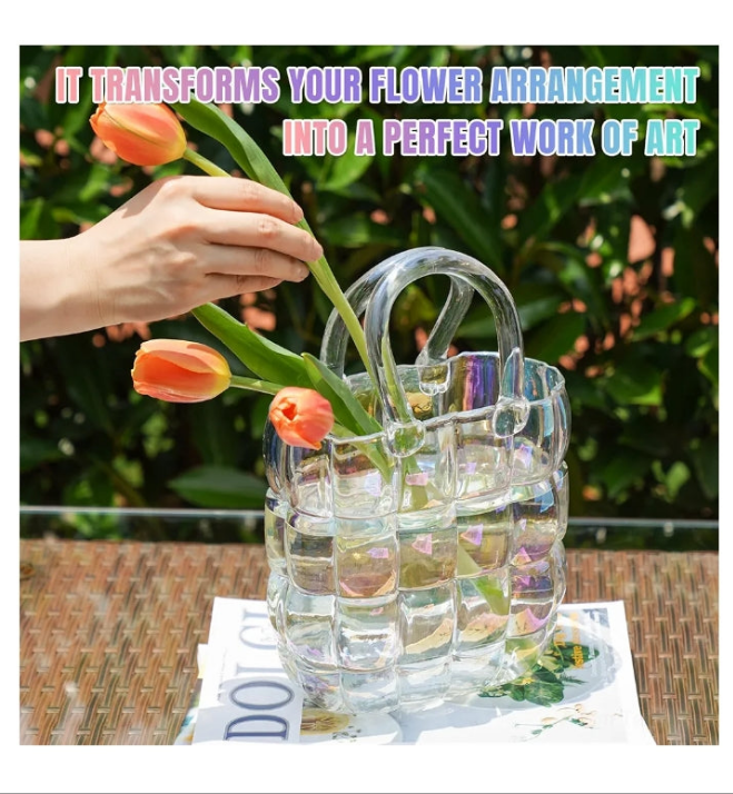 Glass Purse Vase Glass Bag Vase with Handle Handbag Shape Vase for Flowers Farmhouse Decor Handmade Wide Mouth Glass Vase for Office Home Living Room Dining Table Decor