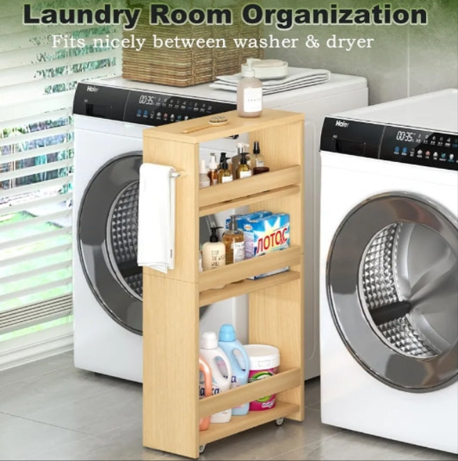 4-Tier Rolling Storage Cart, Narrow Kitchen Cart with Wheels, Slim Storage Cart with Handle Slide Out Utility Cart Mobile Shelving Unit Laundry Bathroom Organizer
