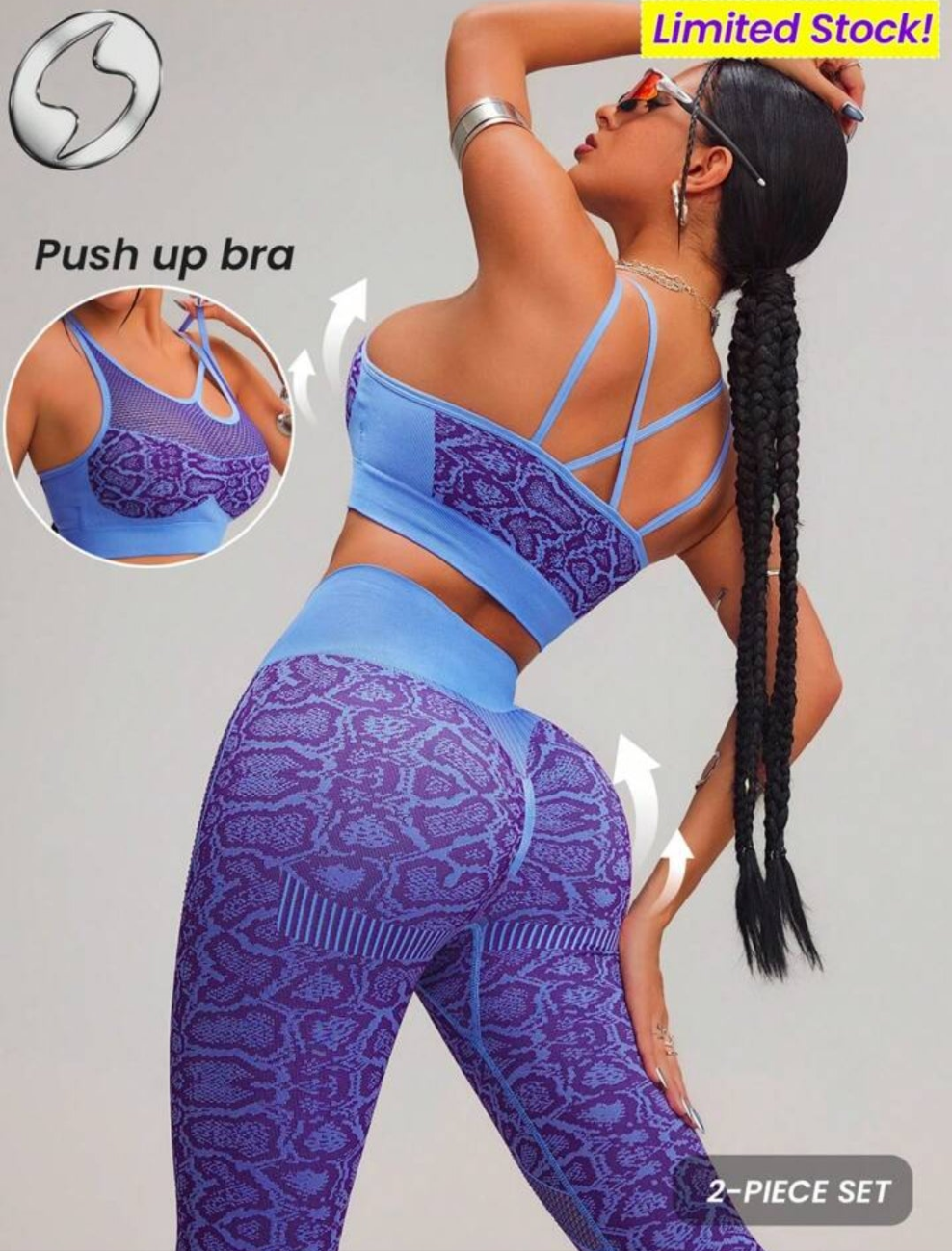 Activewear Seamless 2 Pieces Sport Set, Seamless High Elastic Push Up & Support Bra & Legging,Breathable Mesh & Dry Fit Gym Top And Bottom. Snake,Leopard Dynamic Print Workout Outfit, Outdoor,Hike,Camping,Yoga,Cycle,Bike,Running,Music COCOMONEY
