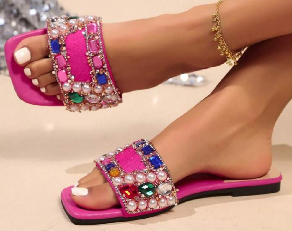 Faux Pearl & Rhinestone Decor Square Open Toe Flat Slip-On Slippers, Fashionable Lightweight Comfortable Anti-Slip For Indoor/Outdoor, Party, Beach, Vacation