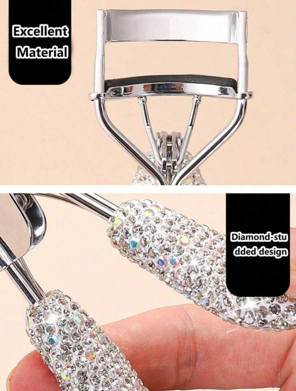 1pc Premium Rhinestone Decorated Ceramic Eyelash Curler With Rubber Grip, Durable And Portable