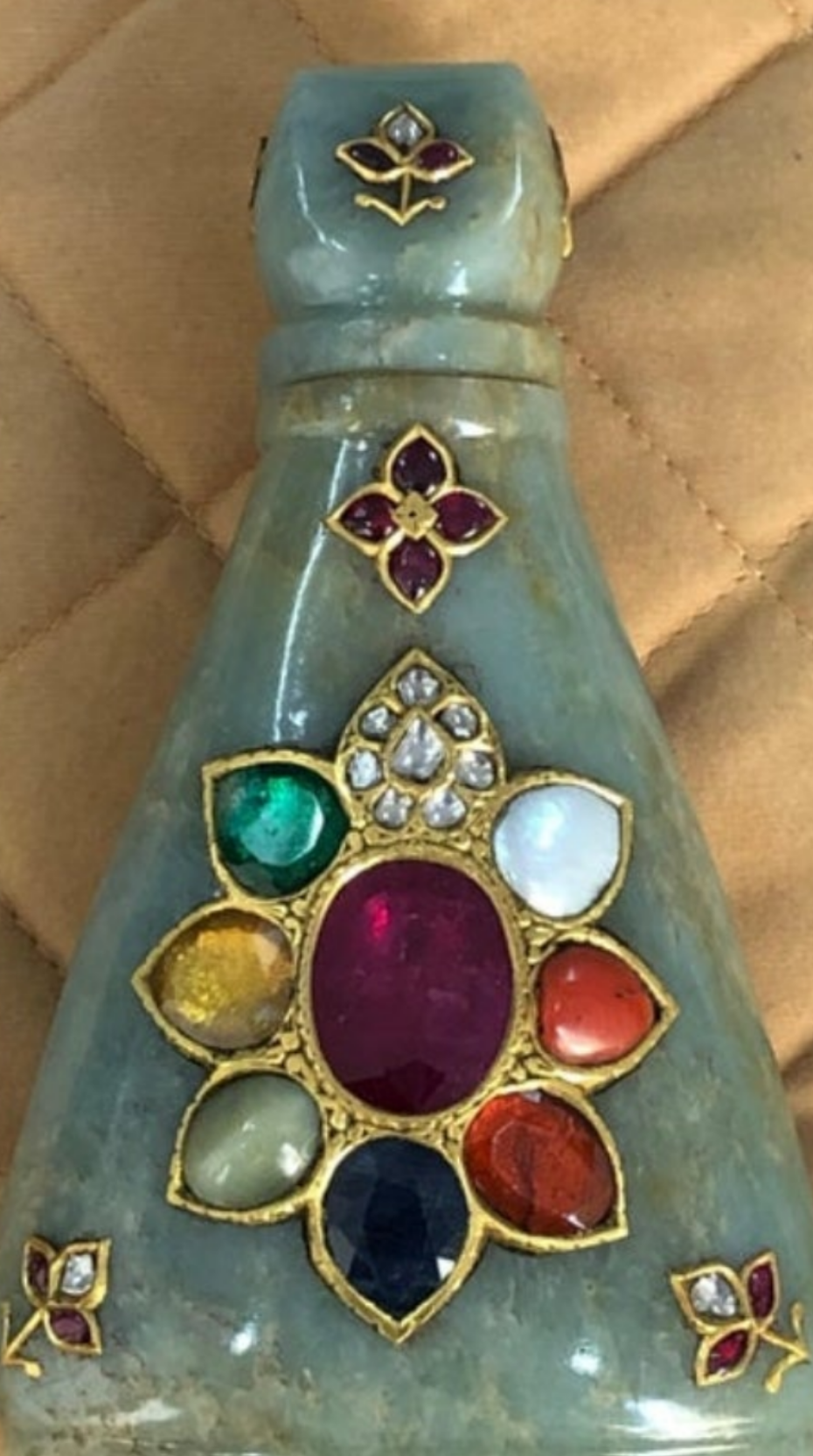 24k Gold Mughal Jadeite Jade Whiskey Flask Encrusted with Nine Gemstones Coral,Diamond,Jade,Blue Sapphire,Yellow Sapphire