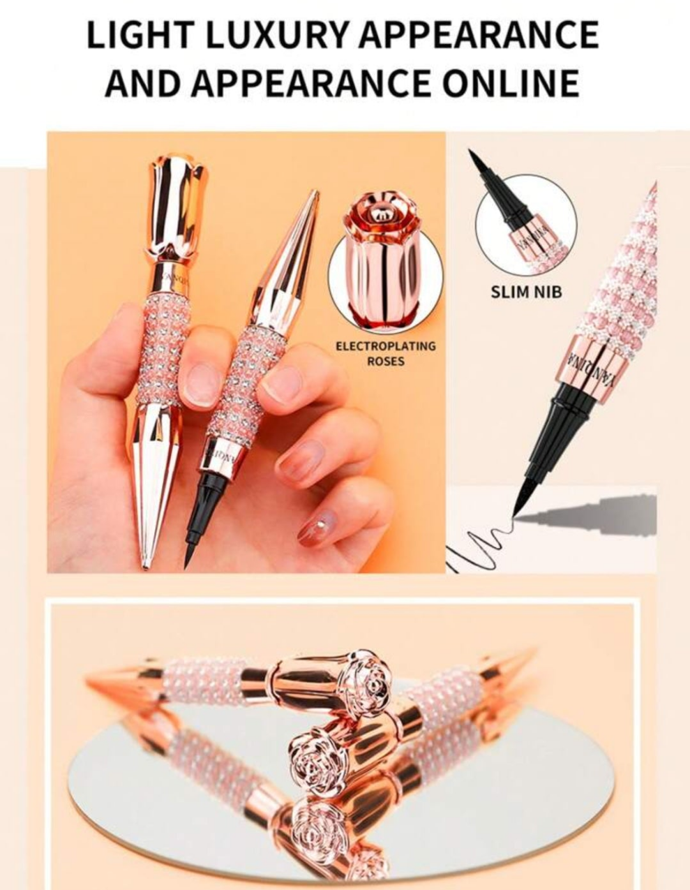 Long-Lasting Black Liquid Eyeliner Pen with Rhinestone Bronzing Effect - Waterproof and Sweat-Proof Eye Makeup Tool