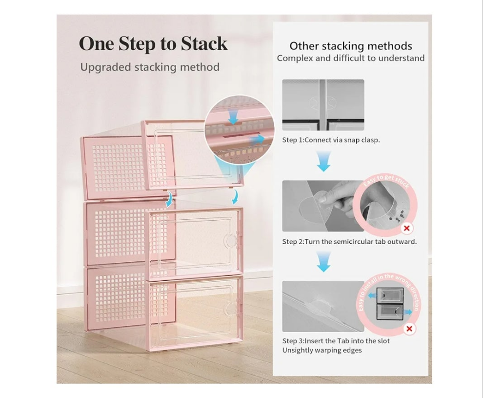 Pink X-Large Shoe Storage Boxes Organizers Clear Plastic Stackable 12 Pack, Shoe Rack & Holder Substitute, Sneaker Containers, Toy Storage Organizer Bins for Entryway, Closet, Under Bed,