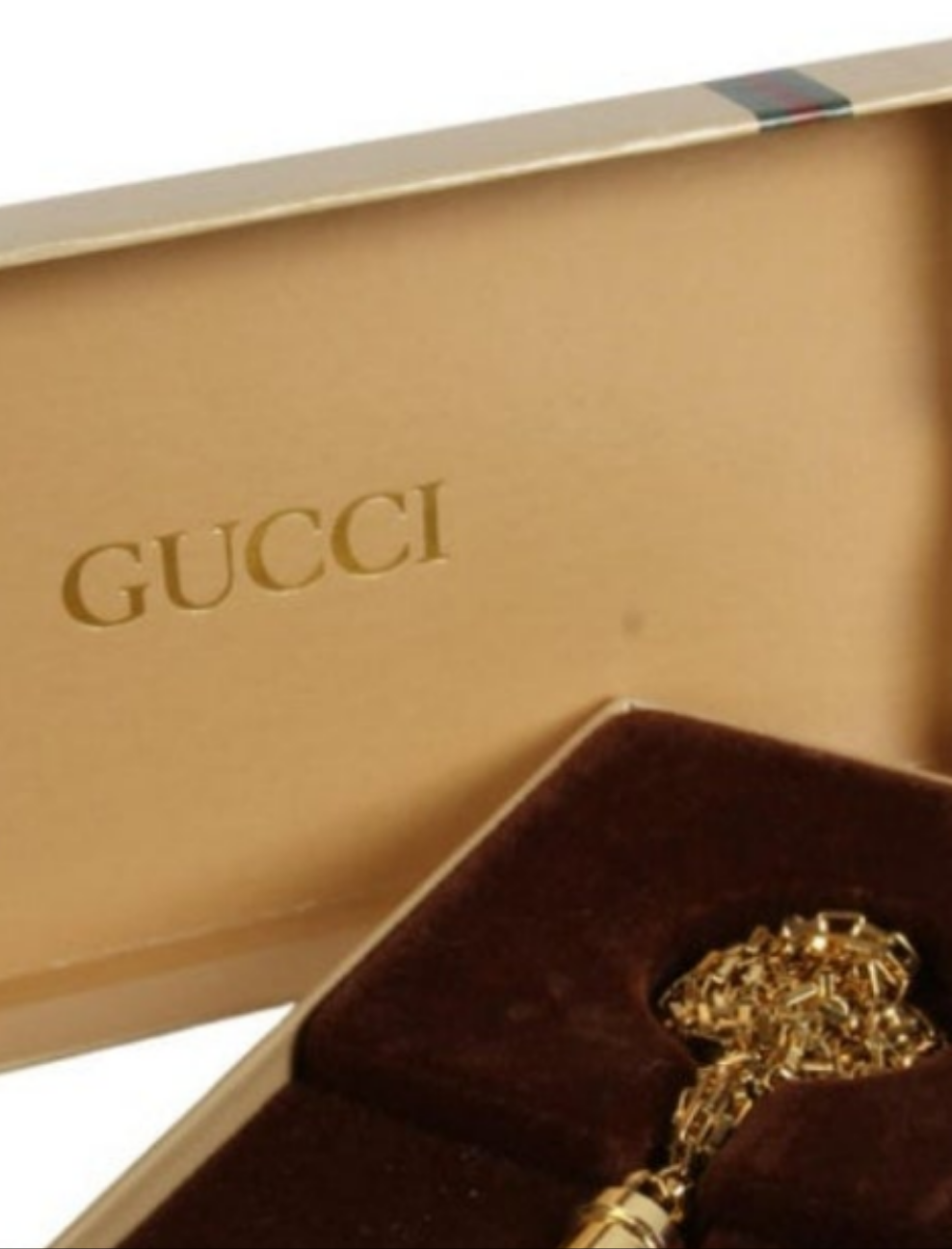 1980s Vintage GUCCI Gold Plated Necklace Perfume Bottle Stick Pendant NOS in Box
