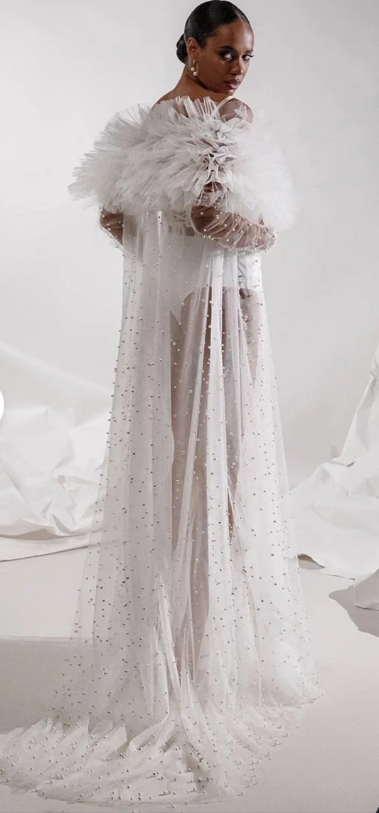 Pearls Ruffled Mesh See-Through Robe-White COCOMONEY under garments not included robe only