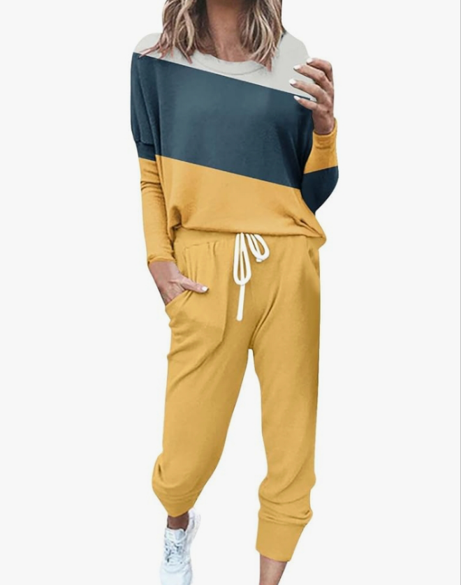 Two Piece Fall Outfits for Women 2024 Long Sleeve Striped/Color Block Tops and Pants Lounge Sets Tracksuit with Pocket