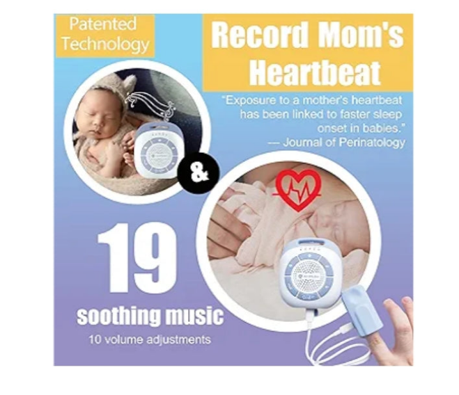 Mom's Heartbeat Baby Sleep Soother Sound Machine – Portable Rechargeable with 19 Soothing Sounds, Heartbeat Playback, Crib & Stroller Strap – Ideal for Newborns, Infants & Baby Shower Registry