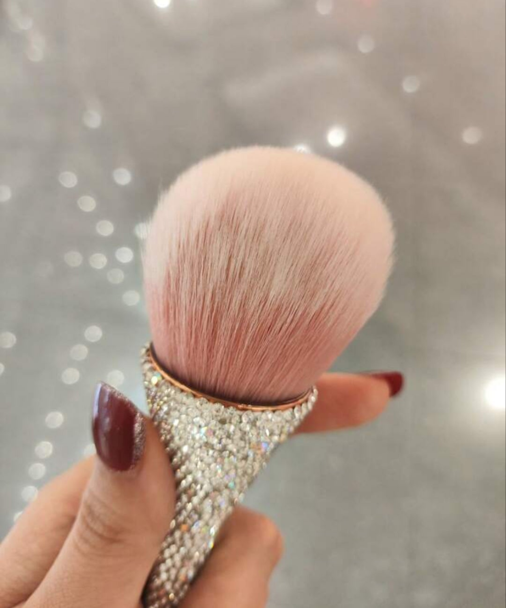2pc Large Size Long Handle Makeup Brush, Premium Rhinestone Powder Brush With Slim Waist Handle Design For Blush