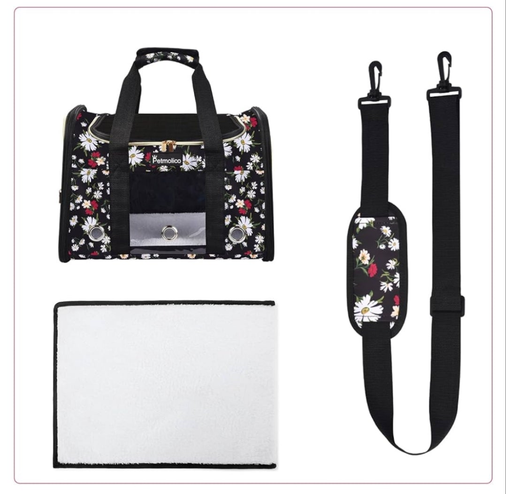 Cat Carrier Dog Carrier, Airline Approved Soft Pet Travel Carrier with 3 Open Doors Mesh Windows for Cats Puppy 16 lbs, White Daisy Medium