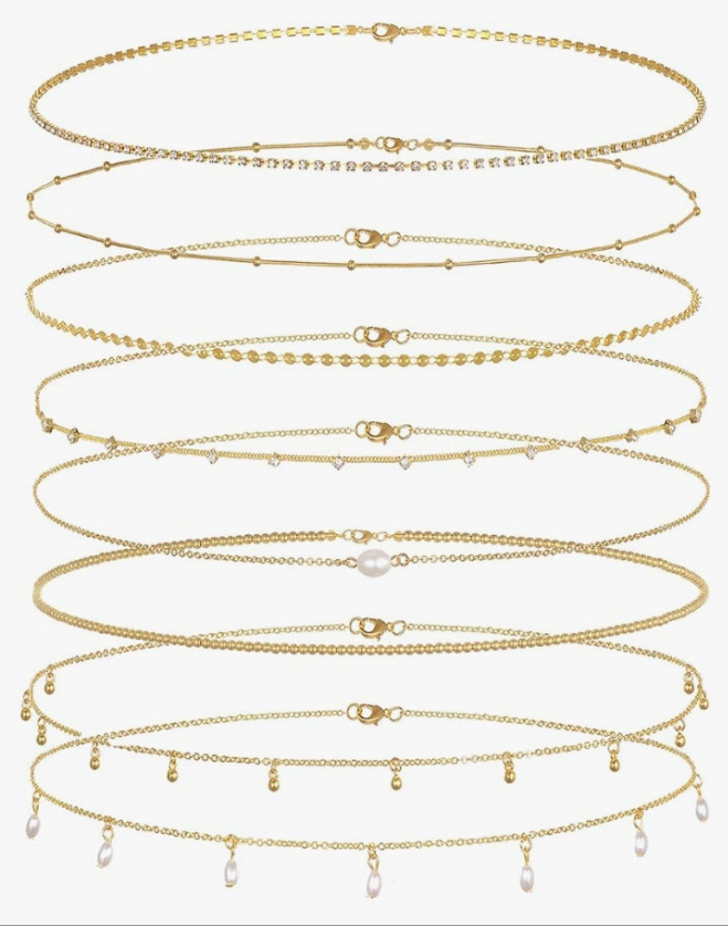 8Pcs Waist Belly Chain 18K Gold Plated CZ Heart Pearl Snake Bead Sequin Paperclip Belly Chain Summer Beach Sexy Body Chains Jewelry Accessories for Women Adjustable