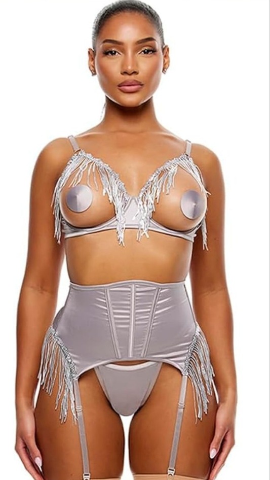 Peep Show Sequin Fringe Bra and Waist Cincher Lingerie Set Cocomoney