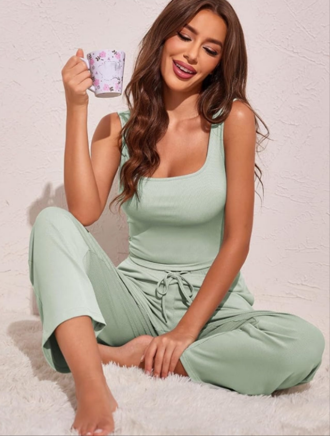 Womens 4 Piece Sets Ribbed Knit Crop Tank Top and Shorts Pants Casual Outfits or lounge wear