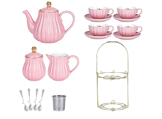 QUEEN BEE COLLECTION Porcelain Tea Set- 8 OZ Coffee Cup/Teacup, Saucer, Spoons, Teapot and Creamer set, 17-Pieces