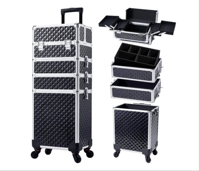 Rolling Makeup Train Case Large Storage Cosmetic Trolley 4 in 1 Large Capacity Trolley Makeup Travel Case with Key Swivel Wheels Salon Barber Case Traveling Cart Trunk