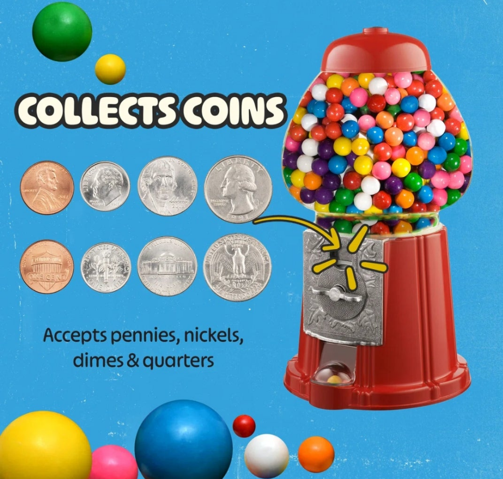 Bubble Gum Machine with Stand - Vintage Style Gum Ball Machine - Style Candy Dispenser Vending Machine with Glass Globe and Metal Base, Red Pink or Blue