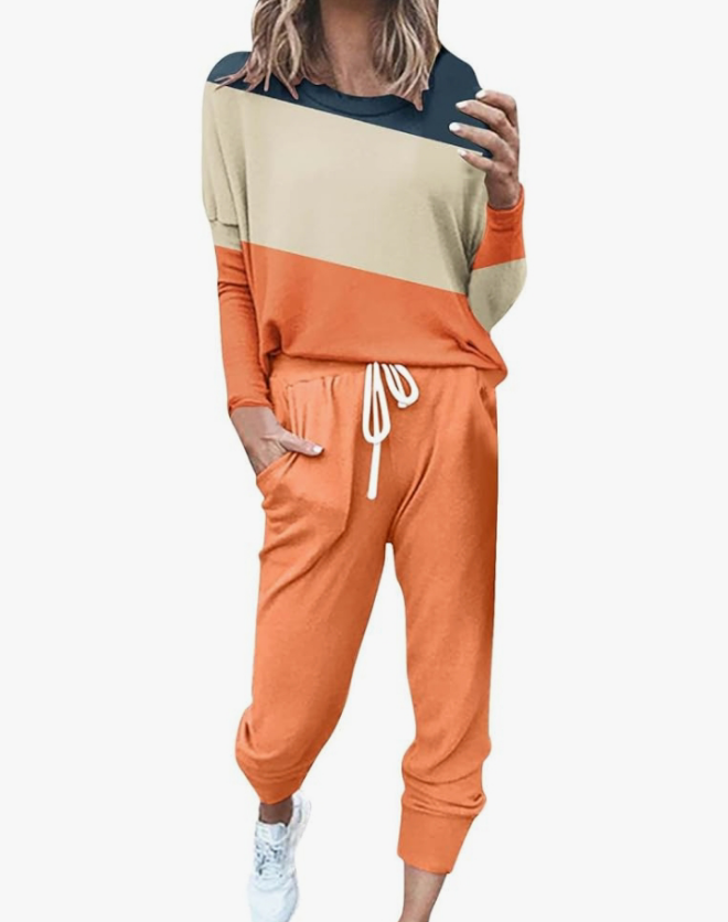 Two Piece Fall Outfits for Women 2024 Long Sleeve Striped/Color Block Tops and Pants Lounge Sets Tracksuit with Pocket