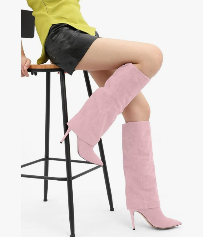 Knee High Boots for Women Fold Over Boots Pointed Toe Stiletto Heel Tall Boots Fashion Pull On Slouchy Boots Comfortable Dress Shoes