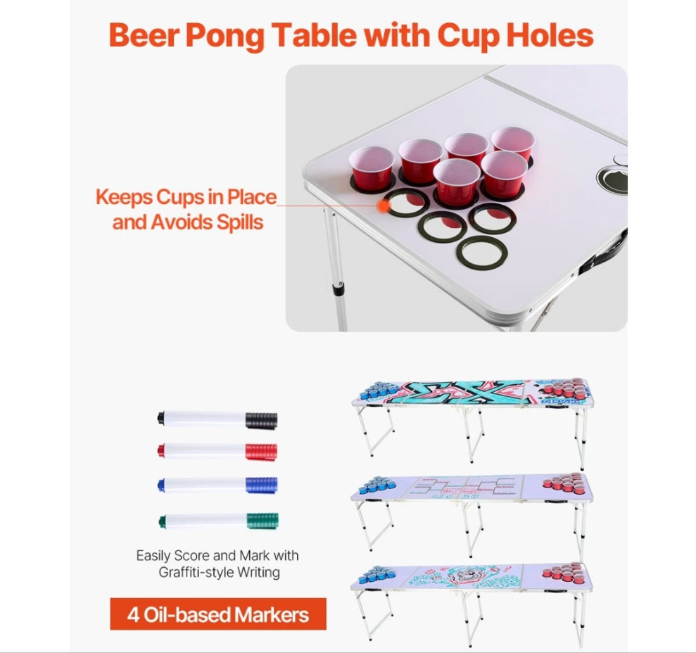 Beer Pong Tailgate Table Party Drinking Game Cup Holes Pong Balls