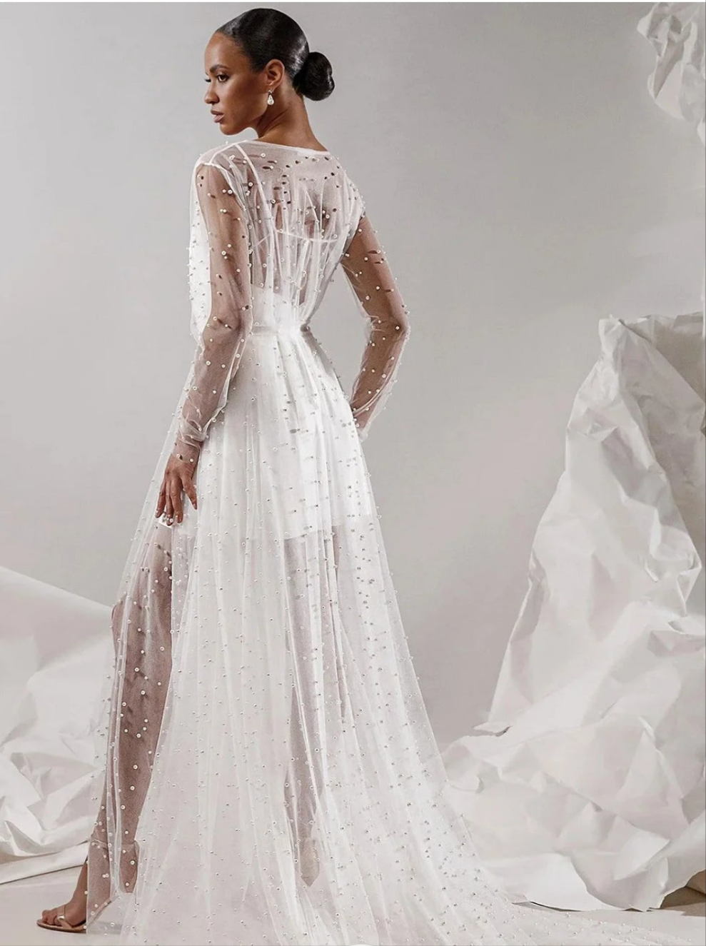 Pearls Ruffled Mesh See-Through Robe-White COCOMONEY under garments not included robe only